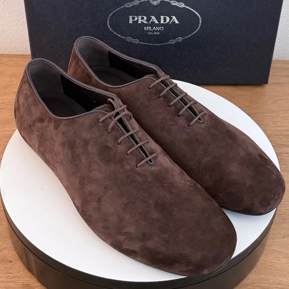 Prada Mens Vit.Scamosciato Suede Oxford Shoes Moro Brown 2EG448 Size 7.5